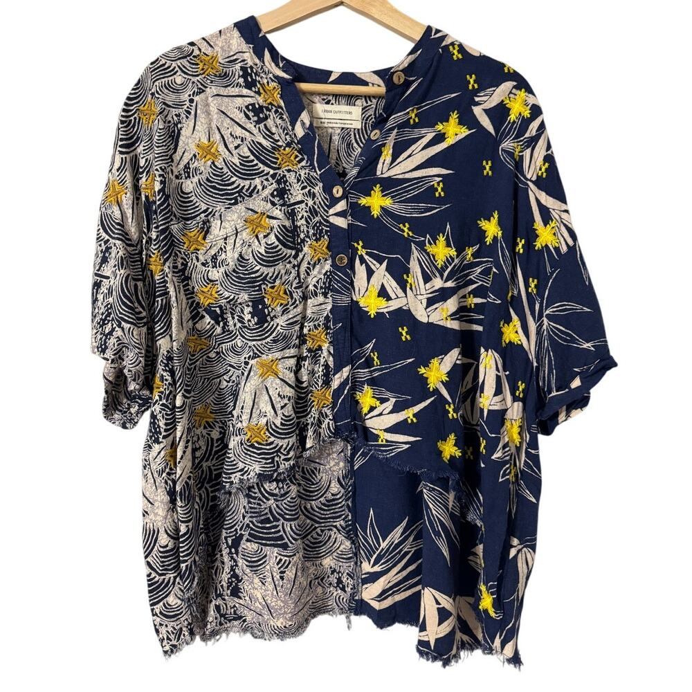 Urban Outfitters Navy Blue Embroidered Hi Low Frayed Hem Button Front Shirt Sz S
